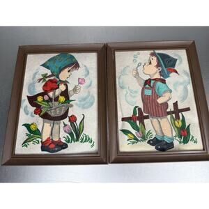 Vintage Felt Art Hummel Style Children Framed Drawings Prints Girl & Boy Decor